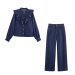 European and American style women's clothing new 2025 fashion solid color denim layered decoration shirt long pants set