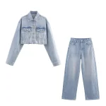 European and American style women's clothing new rhinestone decoration short denim jacket jacket long pants set