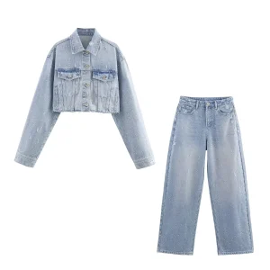 European and American style women's clothing new rhinestone decoration short denim jacket jacket long pants set