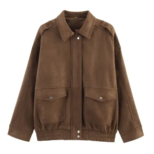 Fashion Suede Leather Jackets Women Vintage Brown Color Button Long Sleeve Coat With Big Pockets Female Thick Leather Jacket