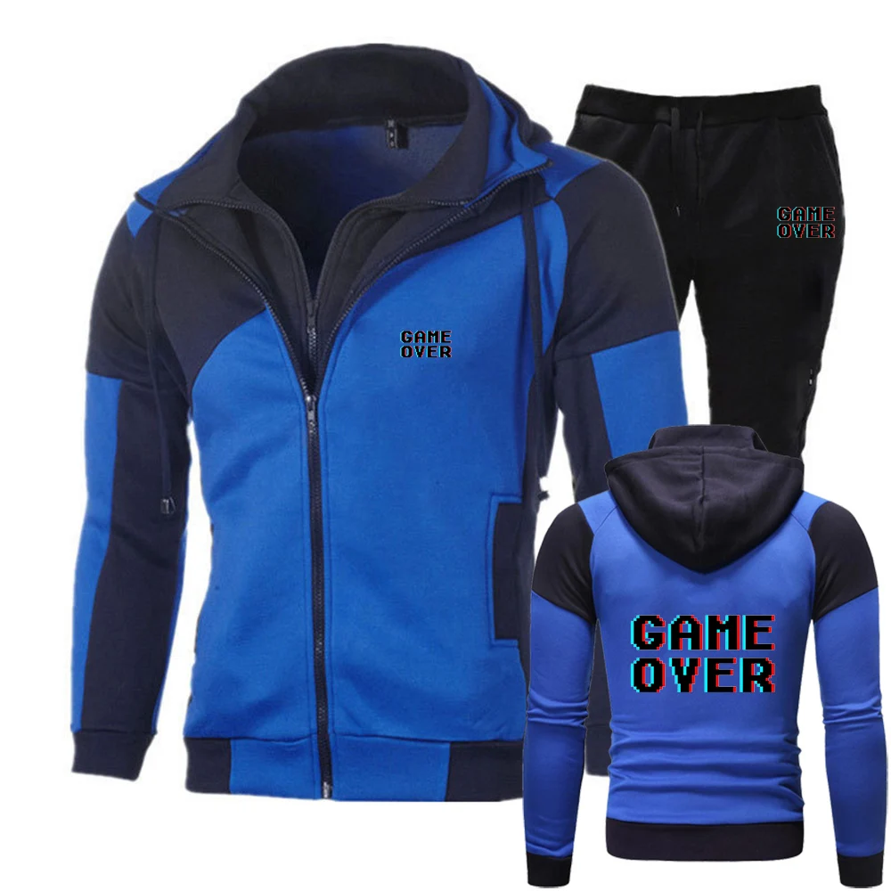 Game Over 80s Oversized Print 2025 Men's Spring And Autumn New Casual Hoodie Tops + Sweatpant Diagonal Zipper Sports Suit - Image 2