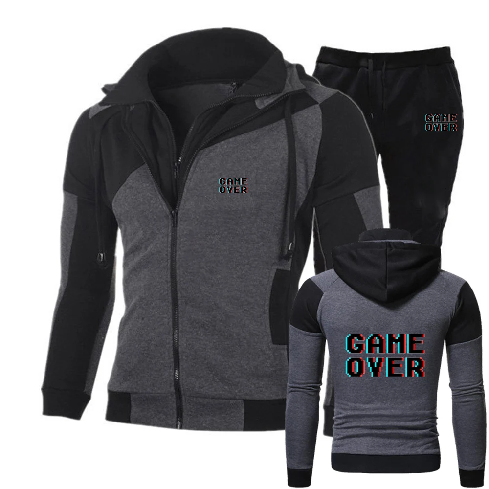 Game Over 80s Oversized Print 2025 Men's Spring And Autumn New Casual Hoodie Tops + Sweatpant Diagonal Zipper Sports Suit - Image 3