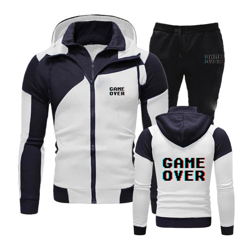 Game Over 80s Oversized Print 2025 Men's Spring And Autumn New Casual Hoodie Tops + Sweatpant Diagonal Zipper Sports Suit - Image 4