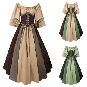 Halloween Costumes For Women Women's Medieval Retro Contrasting Color Off Shoulder Gown Dress With Corsets Chemise Corset Dress