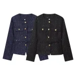 Korean commuter textured jacket for women with autumn and winter sequins and gold buttons side pockets round neck jacket