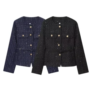 Korean commuter textured jacket for women with autumn and winter sequins and gold buttons side pockets round neck jacket