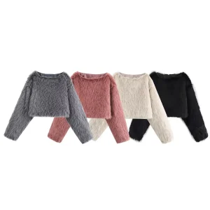 New Women's Clothing European And American Style Fashion Simple All-match Four-color Pullover Furry Long-sleeved Sweatshirt