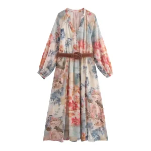 New Women's Clothing European And American Style Fashionable Belt With Flower Print V-neck Long Sleeved MIDI Dress