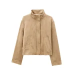 New Women's Fashion European And American Style Simple And Versatile High Collar Long Sleeve Leather Suede Casual Jacket