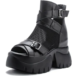 Open Toe Platform Heel Women Boots Summer Shoes 2025 New Black Chunky Heel Boots Women Autumn Breathable High Quality