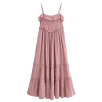 Pink Ruffled Edge Fake Style Suspender Dress Long Skirt Korean Seaside Waist Cinching Slimming A-line Skirt