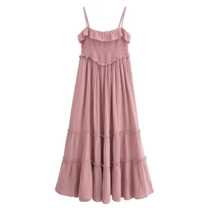 Pink Ruffled Edge Fake Style Suspender Dress Long Skirt Korean Seaside Waist Cinching Slimming A-line Skirt