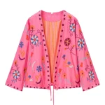Pink embroidered V-neck loose and lazy style long sleeved kimono style cardigan jacket for women in autumn