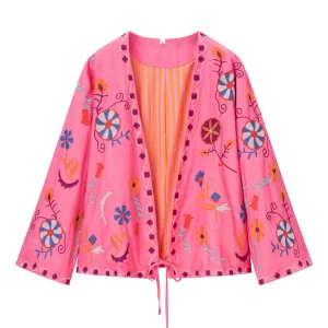 Pink embroidered V-neck loose and lazy style long sleeved kimono style cardigan jacket for women in autumn