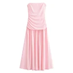 Spring And Summer New Women's Clothing French Pink Pure Desire Style Pleated Decoration Strapless Long Dress
