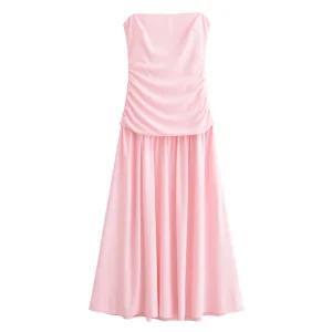 Spring And Summer New Women's Clothing French Pink Pure Desire Style Pleated Decoration Strapless Long Dress