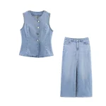 Spring 2025 Women's Clothing European And American Style Waist Cinched Denim Vest High Waist Slimming Midi Denim Skirt
