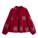 Spring And Autumn New Product Women's Lazy Style Embroidered Fashion Long Sleeve Round Neck Casual Shirt Top