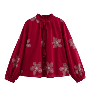 Spring And Autumn New Product Women's Lazy Style Embroidered Fashion Long Sleeve Round Neck Casual Shirt Top