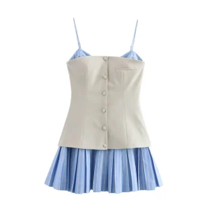 Spring And Summer Women's Clothing New Arrival College Girl Style Fake Two-piece Splicing Pleated Skirt Suspender Dress