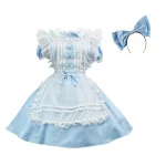 Sweet Cute Lolita Dresses Womens Halloween White Lace Apron Blue A Line Gothic Mini Dress With Headband Party Cosplay Costumes