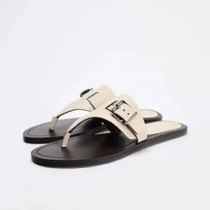 TRZA 2025 white women shoes flip flops buckle clip sandals for outdoor wear beach flat sandals