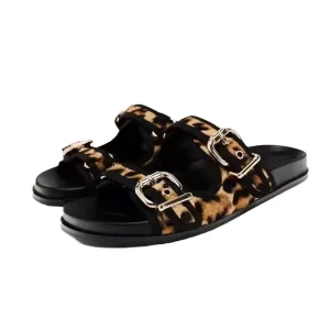 TRZA Women's animal print sandals with round toe and empty back, flat sandals for outdoor wear