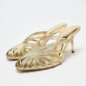 TRZA Women's hollowed out high heels, slim heels, golden toe caps, slim heels, sandals for commuting, elegant outdoor wear