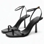 TRZA Women's shoes, black snake pattern, stylish high heels, slim heels, sexy square toe women's sandals