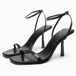 TRZA Women's shoes, black snake pattern, stylish high heels, slim heels, sexy square toe women's sandals