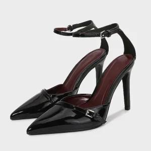 TRZA Women's shoes with black ankle buckle, pointed slender high heels, straight buckle sandals