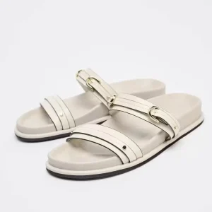 TRZA buckle flat sandals for women with thick soles and a straight drag for outdoor wear, island beach cooldown, nude color