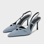 TRZA fashionable dew heel pointed high-heeled denim women's sandals shoes