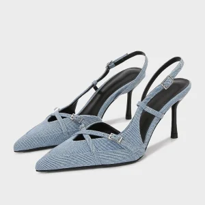TRZA fashionable dew heel pointed high-heeled denim women's sandals shoes
