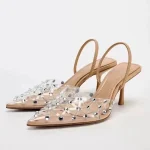 TRZA women's shoes, apricot colored rhinestone high heels, slim heels, pointed toes, sexy, fashionable, breathable toe sandals
