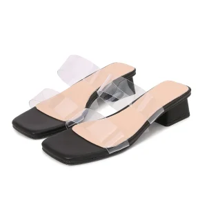 Transparent Slippers Women Fashion Summer Sandals 2025 New All-match Mid 3.5cm Chunky Heels Beach Shoes Large Size 40-43 Slides