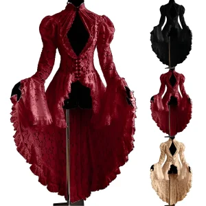 Vintage Medieval Renaissance Dress Women Cosplay Costumes Floral Lace Bandage Bodycon Court Dress Bell Sleeves Dark Gothic Dress
