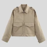 Vintage Women's Short Jackets Streetwear Solid Laple Pockets Full Sleeve Zipper Coats Female Autumn Winter Khaki Black Outwear