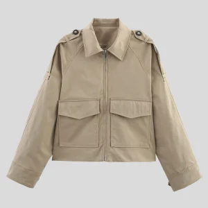 Vintage Women's Short Jackets Streetwear Solid Laple Pockets Full Sleeve Zipper Coats Female Autumn Winter Khaki Black Outwear