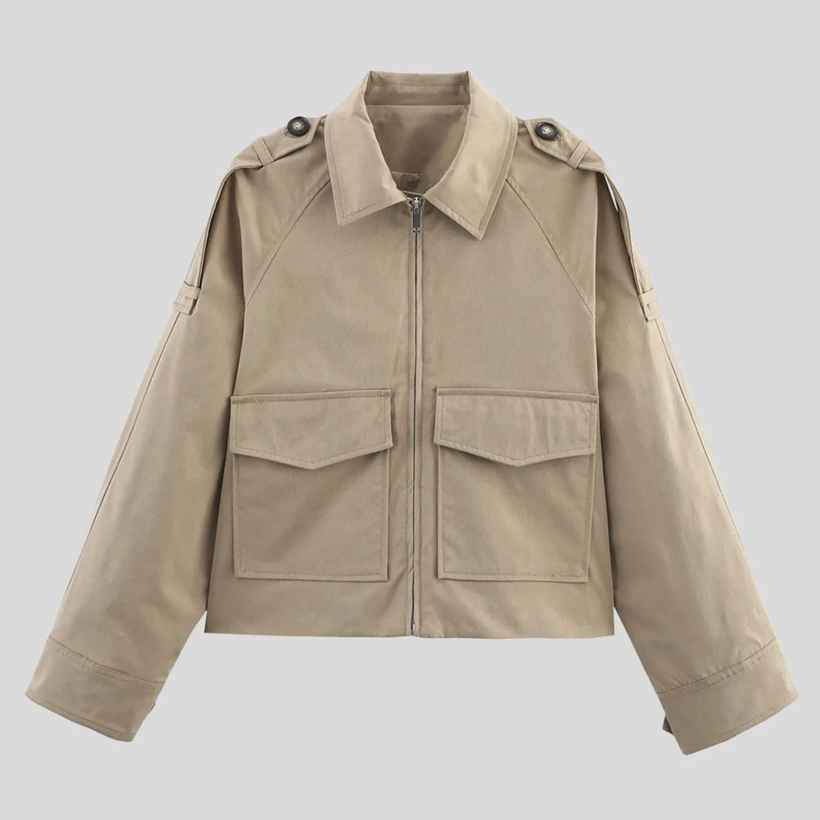Vintage Women's Short Jackets Streetwear Solid Laple Pockets Full Sleeve Zipper Coats Female Autumn Winter Khaki Black Outwear