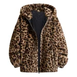 Winter Leopard Print Jacket For Women Street Faux Fur Fleece Zipper Hooded Warm Parkas Outwear With Pockets Korean Female Coat