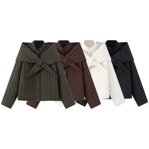 Winter New Product Women's Long Sleeve Stand up Collar Detachable Scarf Cotton Jacket Coat