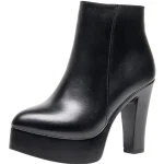 Women Ankle Boots Pointed Toe Black Flock 9CM 11CM Chunky Heel Platform Booties Party Shoes Large Size Short Boots Size 32-43