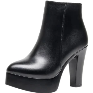 Women Ankle Boots Pointed Toe Black Flock 9CM 11CM Chunky Heel Platform Booties Party Shoes Large Size Short Boots Size 32-43