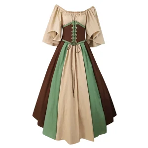 Women Medieval Vintage Dress Fashion Contrast Color Short Sleeves Lace-Up Corsets Long Dresses For Women Festival Rave Vestidos
