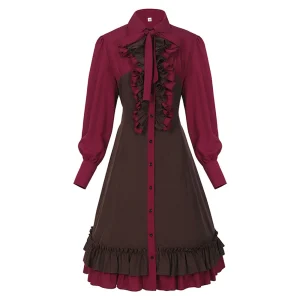 Women Vintage Medieval Court Dress Elegant Red  Ruffle Long Sleeve Palace Lolita Dress Gothic Sweet Cute Cosplay Princess Dress