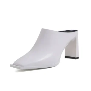 Women's New Summer European and American Sexy Genuine Leather Cowhide Square Head High Heel Large Size Muller Slippers