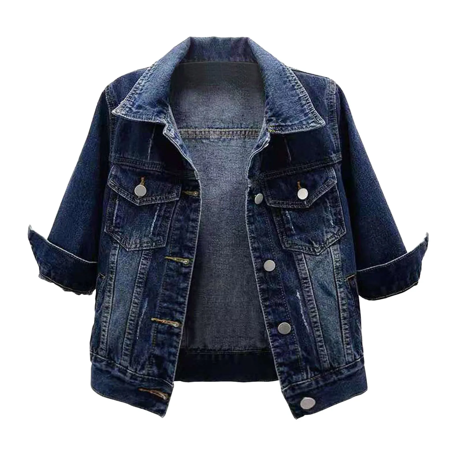 Women's Short Denim Jackets American Retro Button Lapel Collar Solid Color Jean Shirts Coat With Pockets Fall Spring Outwears - Image 3