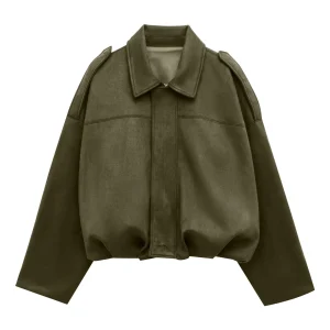 Women's Suede Bomber Jackets Fashion Button Drop Shoulder Cropped Zipper Leather Jacket Autumn Casual Coat Winter Outerwear