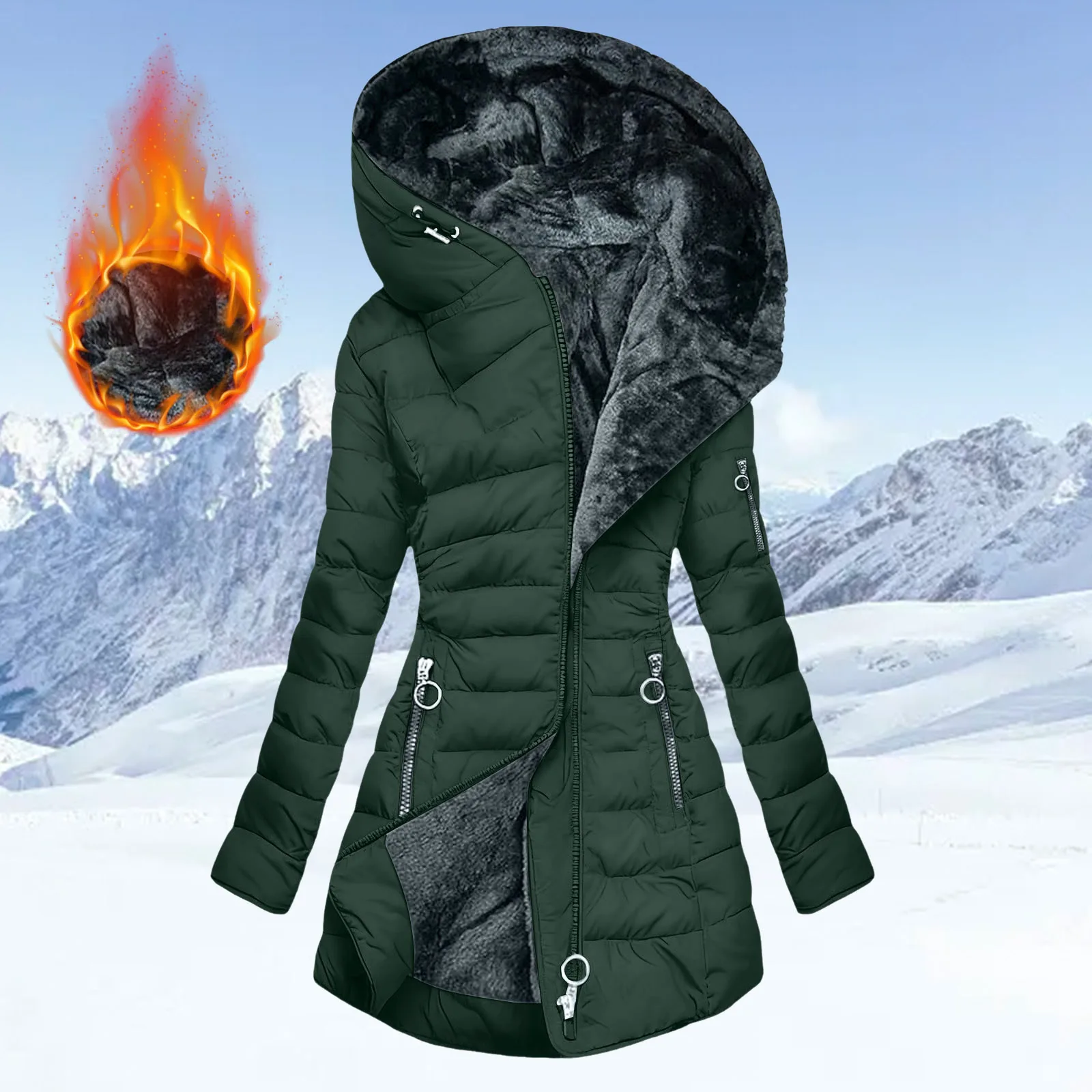 Womens Winter Coats Winter Solid Thick Plush Keep Warm Composite Zipper Long Sleeve Jacket With Pocket Casual Puffer Coat Parkas - Image 2